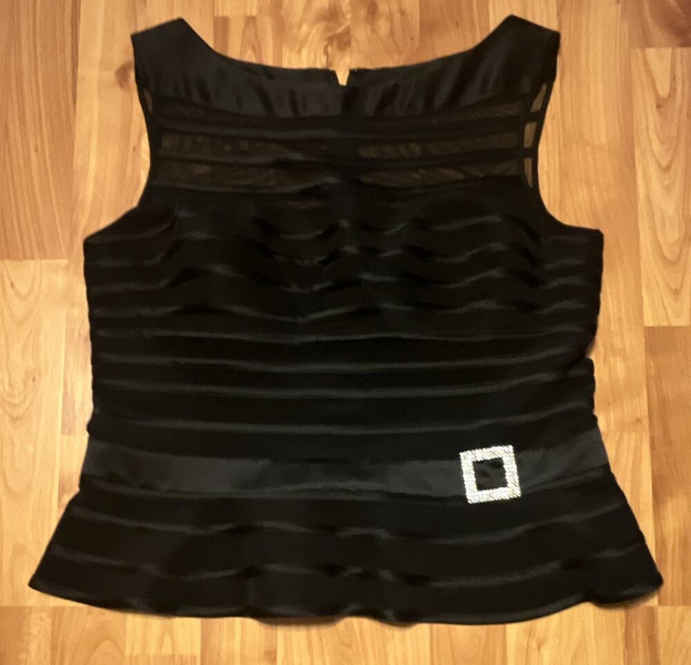 JS Collections Women's 14 Blouse Black Peplum Sleeveless Mesh Sheer Zip Back